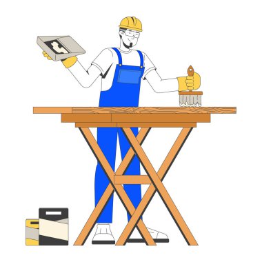 2D vektör illüstrasyonunda profesyonel boyacı. Boya fırçası cilası. Ahşap yüzey düz karakterine beyaz kaplama uygulayan yetenekli bir işçi. Renkli çizgi film resmi