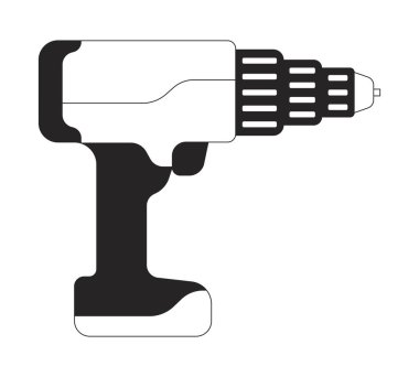 Kablosuz matkap 2D hat nesnesi. İnşaat malzemeleri. Elektrikli sondaj. Atölye aleti. Ev tadilatı. DIY aracı Clipart vektör mürekkep ana hatlarını izole etti. Tek renkli nokta illüstrasyonu