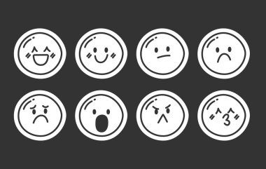 Sevimli duygu emojileri siyah beyaz çizgili çıkartma paketi. Kawaii havası. Tepki ifadeleri. Çizim taslağı çizimleri. Asgari planlama simgeleri tasarımı. Tek renkli yazdırılabilir cliparts kit