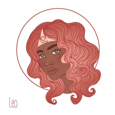 Leo astrolojik işaretinin güzel bir Afrikalı Amerikalı kız olarak resmedilmiş hali. Beyaz üzerine Zodiac vektör çizimi. Gelecek anlatımı, yıldız falı, simya, maneviyat, siyah kadın..