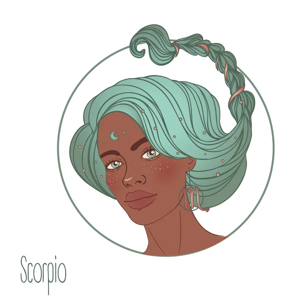 Illustratie van Schorpioen astrologisch teken als een mooi Afro-Amerikaans meisje. Dierenriem vector illustratie geïsoleerd. Toekomstvoorspellingen, horoscoop, alchemie, spiritualiteit, zwarte vrouw. — Stockvector