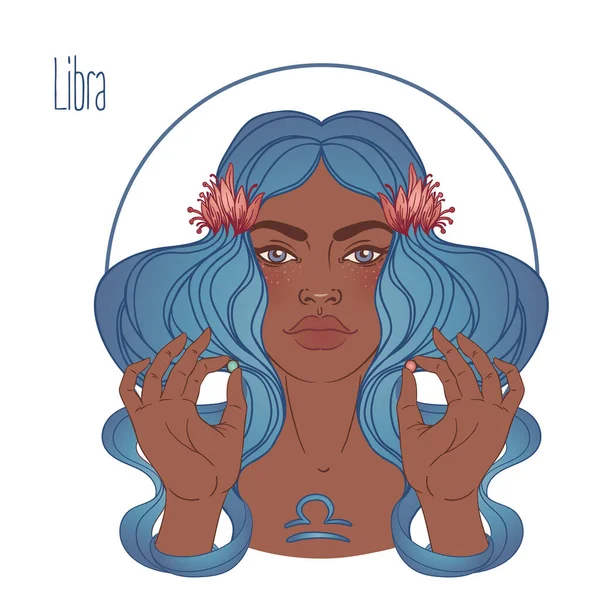 Illustration av Libra astrologiska tecken som en vacker afroamerikansk flicka. Zodiac vektor illustration isolerad. Framtida berättande, horoskop, alkemi, andlighet, svart kvinna. — Stock vektor