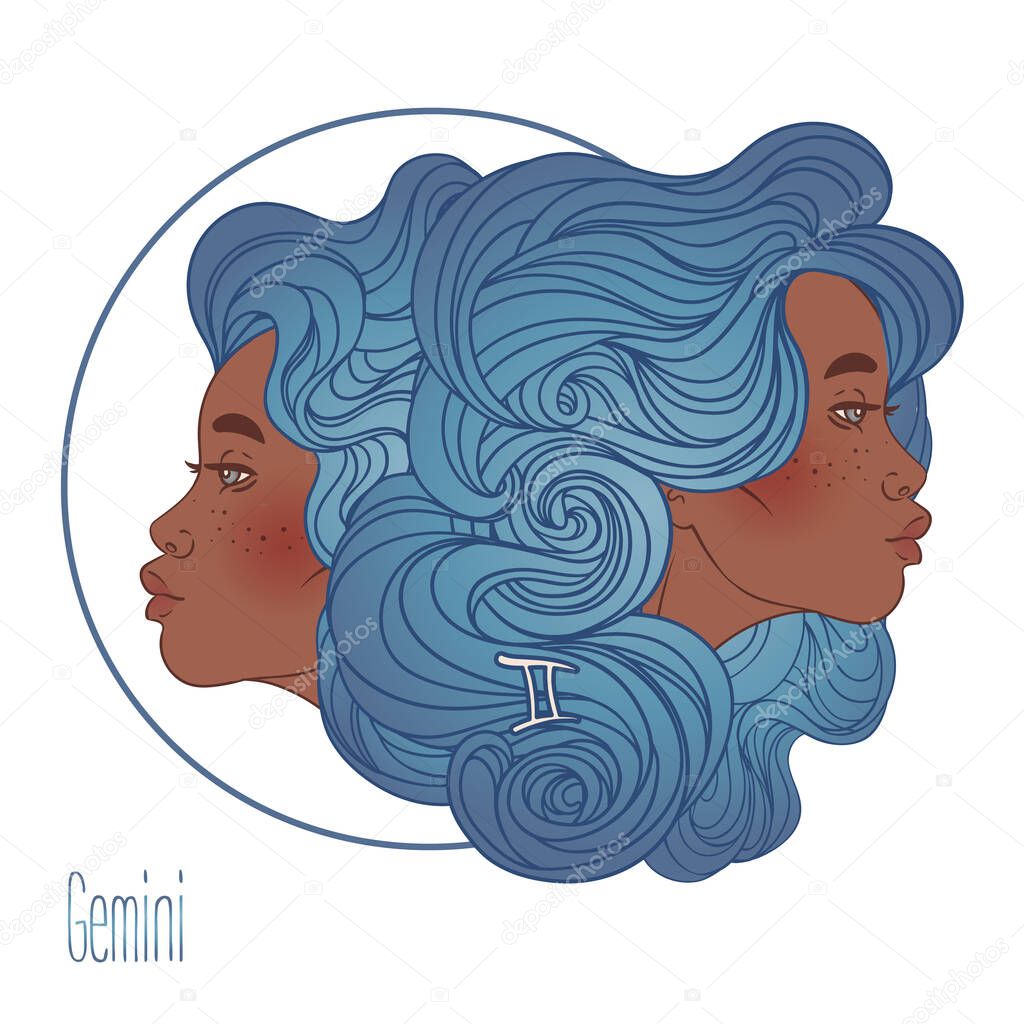 Illustration of Gemini astrological sign as a beautiful African American girl. Zodiac vector illustration isolated. Future telling, horoscope, alchemy, spirituality, black woman.