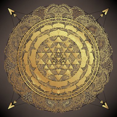 Sri Yantra ya da Sri Çakra, mistik diyagramın bir formu, Shri Vidya Hindu tantra okulu sembolü. Kutsal geometri vektör tasarım elementi. Vektör illüstrasyonu.