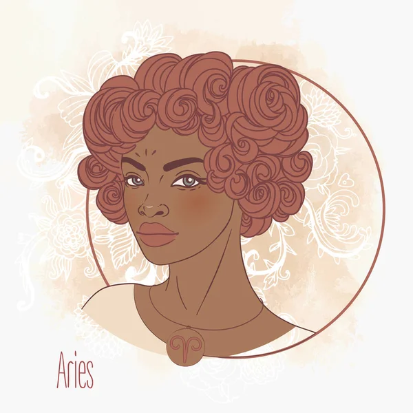 Illustratie van Ram astrologisch teken als een prachtig Afro-Amerikaans meisje. Dierenriem vector illustratie geïsoleerd. Toekomstvoorspellingen, horoscoop, alchemie, spiritualiteit, zwarte vrouw. — Stockvector