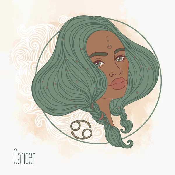 Illustration du signe astrologique Cancer comme une belle fille afro-américaine. Illustration vectorielle du zodiaque isolée. Future telling, horoscope, alchimie, spiritualité, femme noire. — Image vectorielle