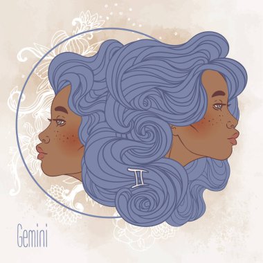 İkizler burcunun güzel bir Afro-Amerikan kızı olarak resmedilmiş hali. Zodiac vektör çizimi izole edildi. Gelecek anlatımı, yıldız falı, simya, maneviyat, siyah kadın..