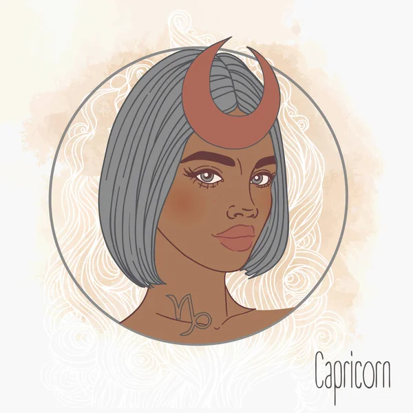 Ilustración de Capricornio signo astrológico como una hermosa chica afroamericana. Ilustración vectorial del zodíaco aislada. Futuro narrativo, horóscopo, alquimia, espiritualidad, mujer negra. — Vector de stock