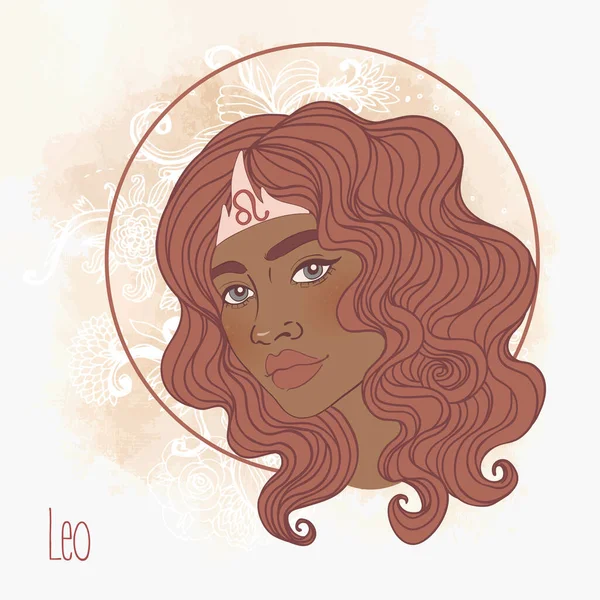 Illustrazione del segno astrologico Leone come una bella ragazza afroamericana. Illustrazione vettoriale zodiacale su bianco. Raccontare il futuro, oroscopo, alchimia, spiritualità, donna nera. — Vettoriale Stock