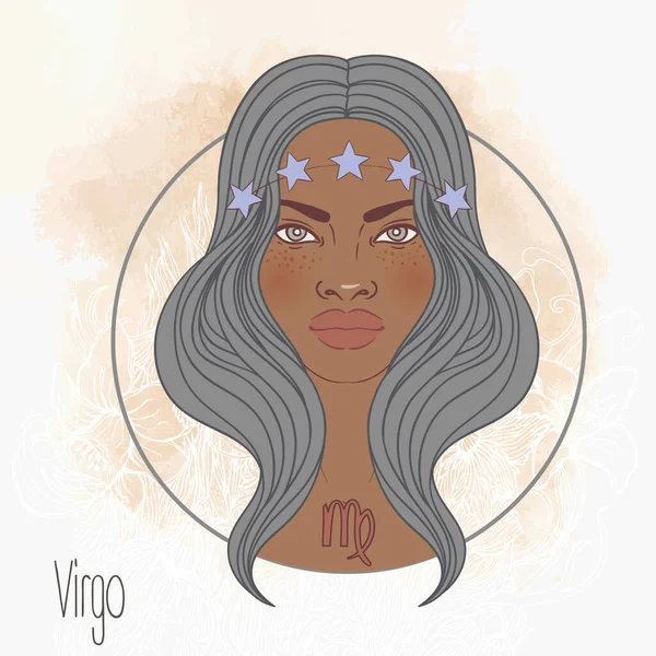 Illustration du signe astrologique de la Vierge comme une belle fille afro-américaine. Illustration vectorielle du zodiaque isolée. Future telling, horoscope, alchimie, spiritualité, femme noire. — Image vectorielle