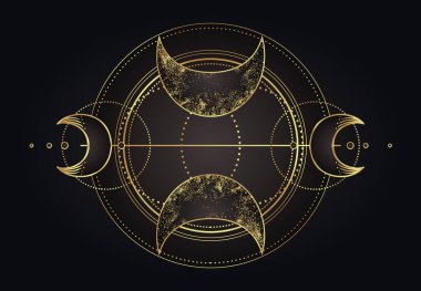 Ay büyüsü. Üçlü ay pagan ay tanrıçası sembolü. Üç yüzlü Tanrıça. Bakire, Anne, Kocakarı vektör çizimi. Dövme, astroloji, simya, boho ve sihirli sembol