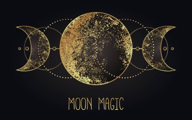 Ay büyüsü. Üçlü ay pagan ay tanrıçası sembolü. Üç yüzlü Tanrıça. Bakire, Anne, Kocakarı vektör çizimi. Dövme, astroloji, simya, boho ve sihirli sembol