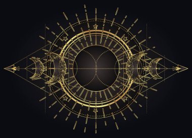 Ay büyüsü. Üçlü ay pagan ay tanrıçası sembolü. Üç yüzlü Tanrıça. Bakire, Anne, Kocakarı vektör çizimi. Dövme, astroloji, simya, boho ve sihirli sembol