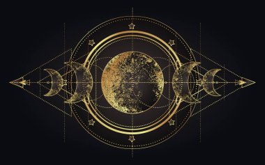 Ay büyüsü. Üçlü ay pagan ay tanrıçası sembolü. Üç yüzlü Tanrıça. Bakire, Anne, Kocakarı vektör çizimi. Dövme, astroloji, simya, boho ve sihirli sembol