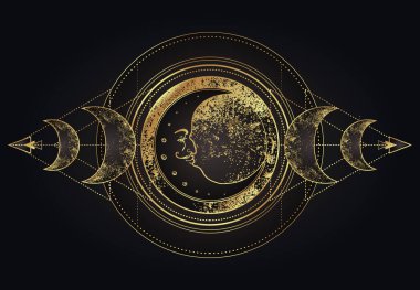 Ay büyüsü. Üçlü ay pagan ay tanrıçası sembolü. Üç yüzlü Tanrıça. Bakire, Anne, Kocakarı vektör çizimi. Dövme, astroloji, simya, boho ve sihirli sembol