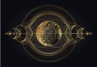 Ay büyüsü. Üçlü ay pagan ay tanrıçası sembolü. Üç yüzlü Tanrıça. Bakire, Anne, Kocakarı vektör çizimi. Dövme, astroloji, simya, boho ve sihirli sembol