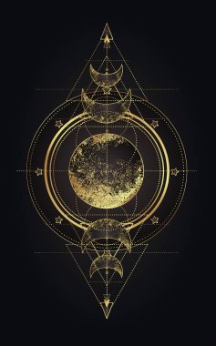 Ay büyüsü. Üçlü ay pagan ay tanrıçası sembolü. Üç yüzlü Tanrıça. Bakire, Anne, Kocakarı vektör çizimi. Dövme, astroloji, simya, boho ve sihirli sembol