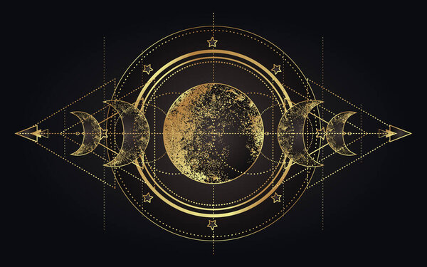 Moon magic. Triple moon pagan Wicca moon goddess symbol. Three-faced Goddess. Maiden, Mother, Crone vector illustration. Tattoo, astrology, alchemy, boho and magic symbol