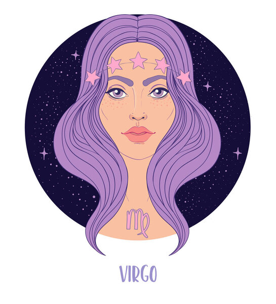 Illustration of Virgo astrological sign as a beautiful girl. Zodiac vector illustration isolated on white. Future telling, horoscope