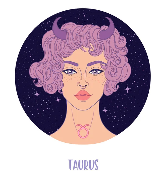 Ilustración de Tauro signo astrológico como una chica hermosa. Ilustración vectorial del zodíaco aislada en blanco. Futuro contando, horóscopo — Vector de stock