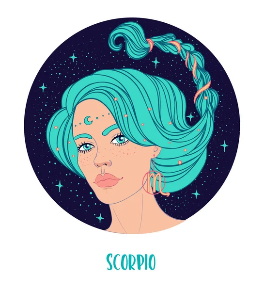 Illustration of Scorpio astrological sign as a beautiful girl. Zodiac vector illustration isolated on white. Future telling, horoscope — Stock Vector