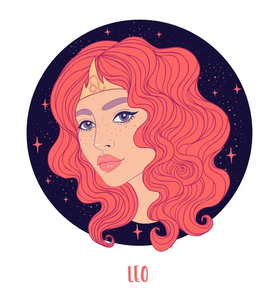 Illustration of Leo astrological sign as a beautiful girl. Zodiac vector illustration isolated on white. Future telling, horoscope — Stock Vector