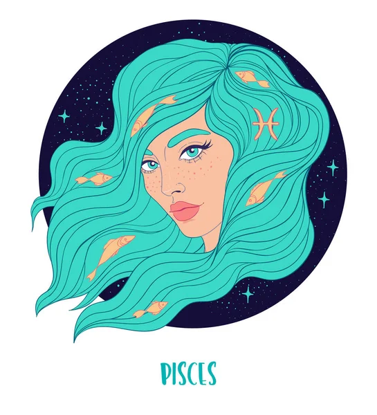 Illustration av Fiskars astrologiska tecken som en vacker flicka. Zodiac vektor illustration isolerad på vitt. Framtiden avslöjande, horoskop — Stock vektor