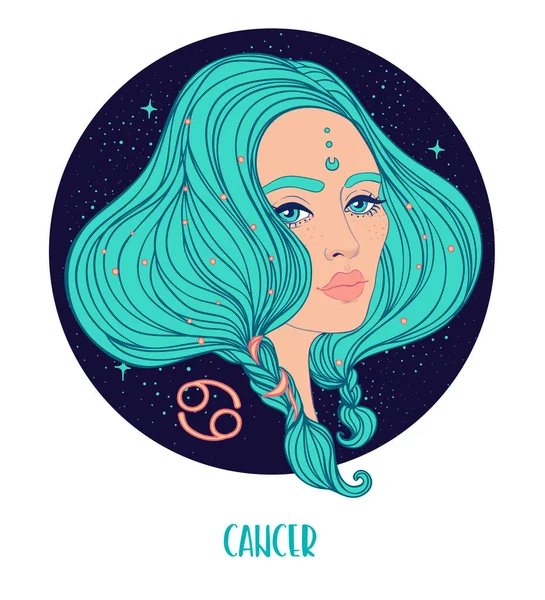 Illustration du signe astrologique Cancer comme une belle fille. Illustration vectorielle du zodiaque isolée sur blanc. Raconter l'avenir, horoscope — Image vectorielle