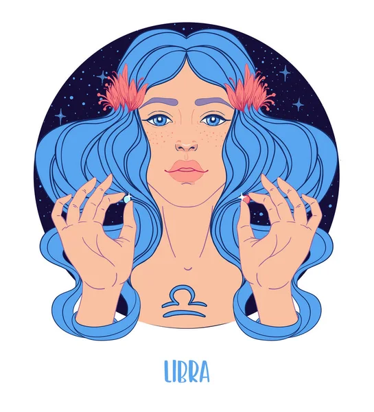 Ilustración de Libra signo astrológico como una chica hermosa. Ilustración vectorial del zodíaco aislada en blanco. Futuro contando, horóscopo — Archivo Imágenes Vectoriales