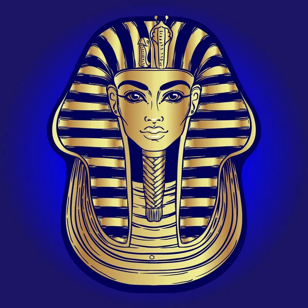 Koning Toetanchamon masker, oude Egyptische farao. Handgetekende vintage vector omtrek illustratie. Tattoo flash, t-shirt of poster ontwerp, ansichtkaart, kleurboek pagina. — Stockvector