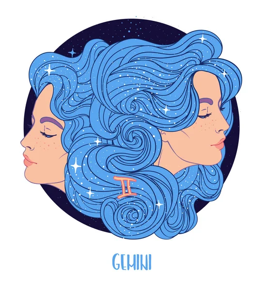 Illustration du signe astrologique Gémeaux comme deux belles filles. Illustration vectorielle du zodiaque isolée sur blanc. Raconter l'avenir, horoscope — Image vectorielle