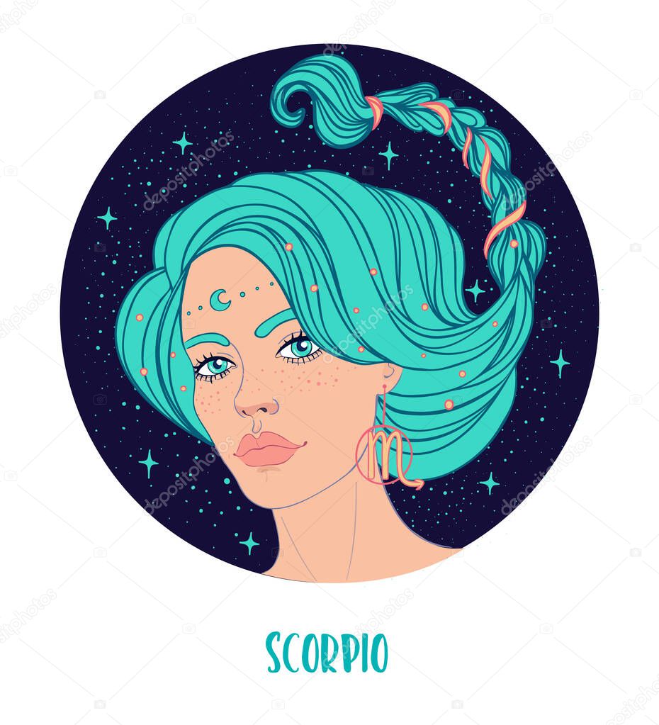 Illustration of Scorpio astrological sign as a beautiful girl. Zodiac vector illustration isolated on white. Future telling, horoscope