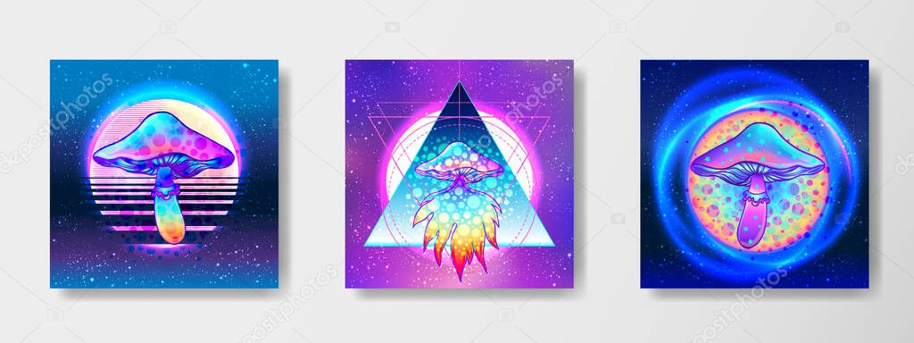 Retro futurism. Vintage 80s or 90s style background with magic mushrooms. Good design for textile t-shirt print design, flyer and poster. Futuristic vector illustration.