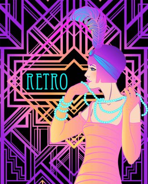 Kokteyl bardağını tutan kadın. Art deco, 1920 'lerin tarzı içki listesi, bar menüsü, görkemli düğün, parti broşürü tasarımı. Neon renkli vektör illüstrasyonu.