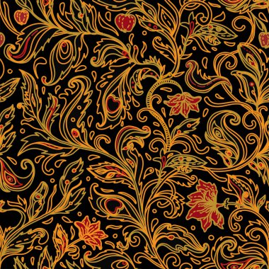 Fantezi çiçekli kusursuz desen, doğal duvar kağıdı, çiçek desenli kıvrım çizimi. Paisley el çizimi elementler. 