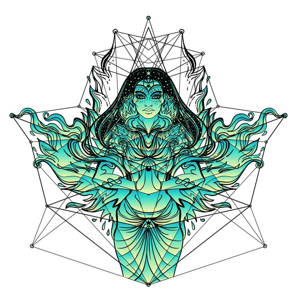 亚洲魔法女人，有着神圣的几何形状和火焰。7.病媒说明。神秘的塔伊女孩对神秘的符号和火焰。炼金术、宗教、灵修、神秘主义、亚洲文化. — 图库矢量图片#