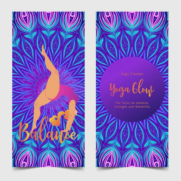 Artı yoga kursunda kıvrımlı kadın. Yoga kartı tasarımı. Ruhani inziva ya da yoga stüdyosu için renkli bir şablon. Kartvizitler, şablon. Vektör