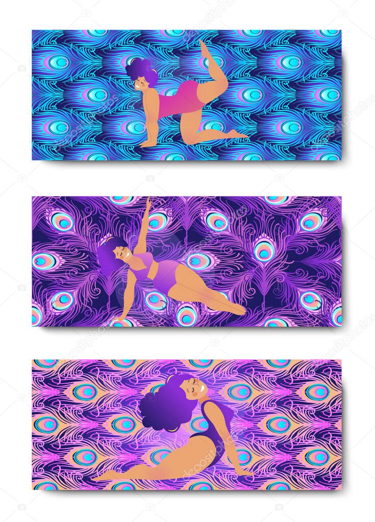 Plus size curvy lady doing yoga class. Yoga card design. Colorful template for spiritual retreat or yoga studio. business cards, pattern. Vector