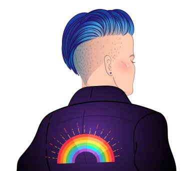 Portrait of a young pretty woman with short shaved pixie undercut. Rainbow LGBT symbols as pins or patches on her back. Vector illustration isolated. clipart