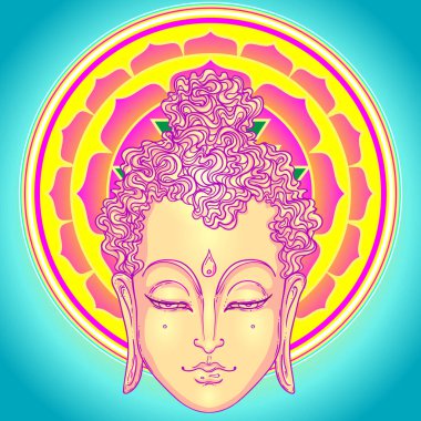 Buda 'nın yüzü mandala desenini süslüyor. Esrarengiz klasik vektör çizimi. Hint, Budizm, ruhani sanat. Hippi dövmesi, ruhanilik, Tayland tanrısı, yoga zen