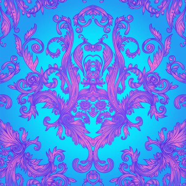 Parlak neon renklerde klasik barok çiçeksiz desen. 1980 'lerin tarzı. Süslü vektör dekorasyonu. Lüks, kraliyet ve Viktorya dönemi konsepti. Tekrarlı vintage tasarımı.