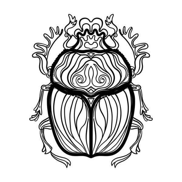 Scarabaeus sacer, Escarabajo estiércol. Símbolo sagrado del antiguo Egipto. Insectos adornados con fantasía. Ilustración vectorial aislada. Espiritualidad, tatuaje de sol oculto. — Archivo Imágenes Vectoriales