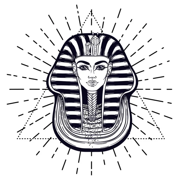 Koning Toetanchamon masker, oude Egyptische farao. Handgetekende vintage vector omtrek illustratie. Tattoo flash, t-shirt of poster ontwerp, ansichtkaart, kleurboek pagina. — Stockvector