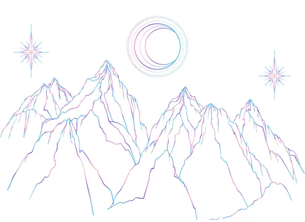 Bergslandskapsscen. Vektorillustration isolerad. Utomhus natur och helig geometri halvmåne och stjärnor. Äventyrskonst för resor och vandringslust tatuering. — Stock vektor