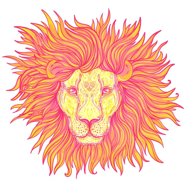 Patterned ornate lion head. African, Indian, totem, tattoo, sticker design. Design of t-shirt, bag, postcard and posters. Vector isolated illustration. Zodiac sign Leo. — Stock Vector