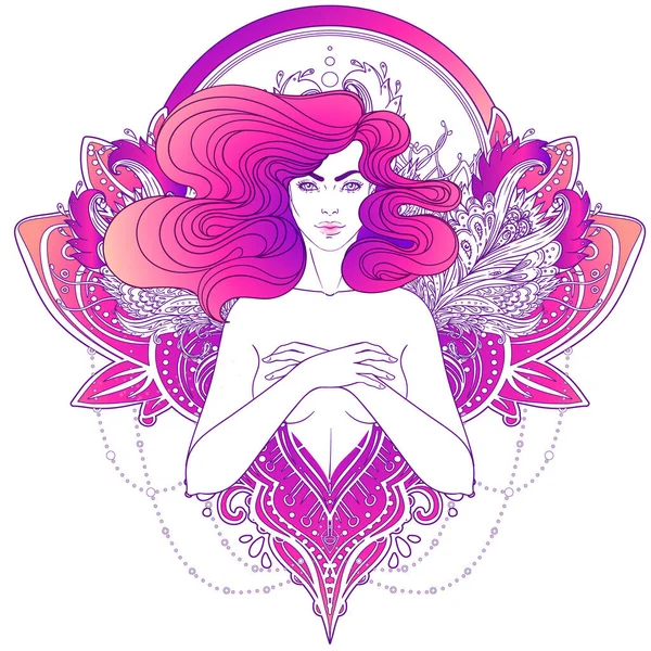 Mooie elfje. Portret van jonge vrouw uitzicht met lang haar. Pixie heidense prinses. Vector isoleerde illustratie. Fantasie, spiritualiteit, occultisme, tatoeage. Sticker ontwerp. — Stockvector