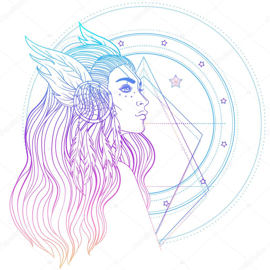 Isolated on white illustration of Native American Indian girl with feathers and dream catcher.