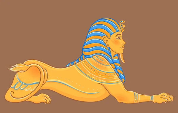 Sphinx, ägyptisches Fabelwesen mit Menschenkopf, Löwenkörper und Flügeln. Handgezeichnete Vintage Vektor Outline Illustration. Tätowierblitz, T-Shirt oder Poster Design, Postkarte. — Stockvektor