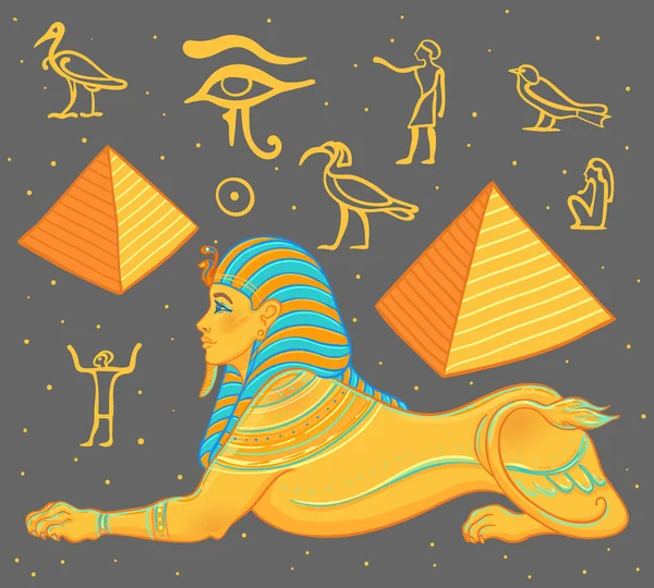 Sfinx, egyptisk mytisk varelse med huvud av människa, kropp lejon och vingar. Handritad vintage vektor kontur illustration. Tatuering blixt, t-shirt eller affisch design, vykort. — Stock vektor