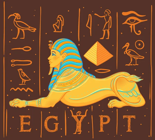 Sphinx, ägyptisches Fabelwesen mit Menschenkopf, Löwenkörper und Flügeln. Handgezeichnete Vintage Vektor Outline Illustration. Tätowierblitz, T-Shirt oder Poster Design, Postkarte. — Stockvektor